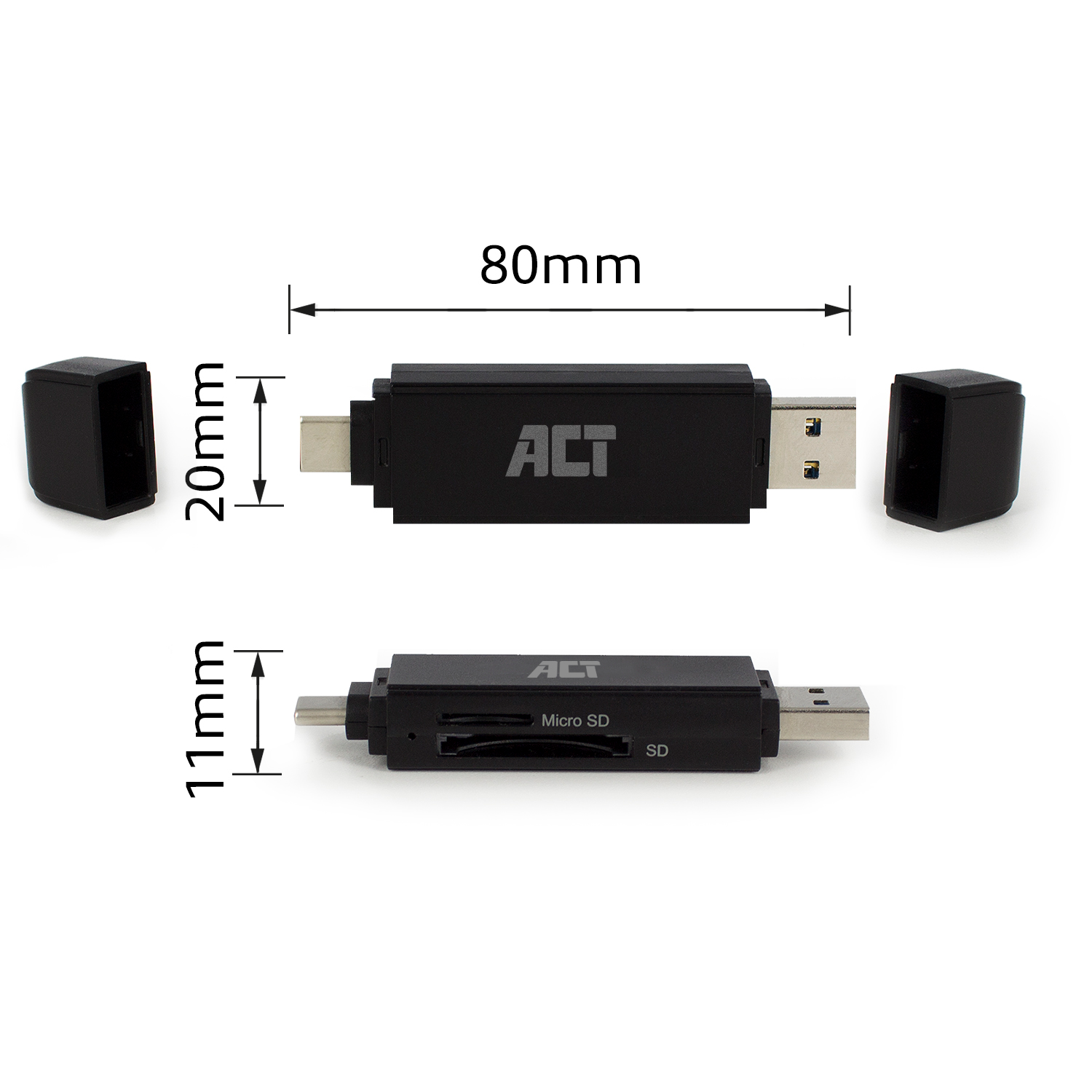 Zwarte ACT USB-adapter met afmetingen en twee doppen aan de zijkant.