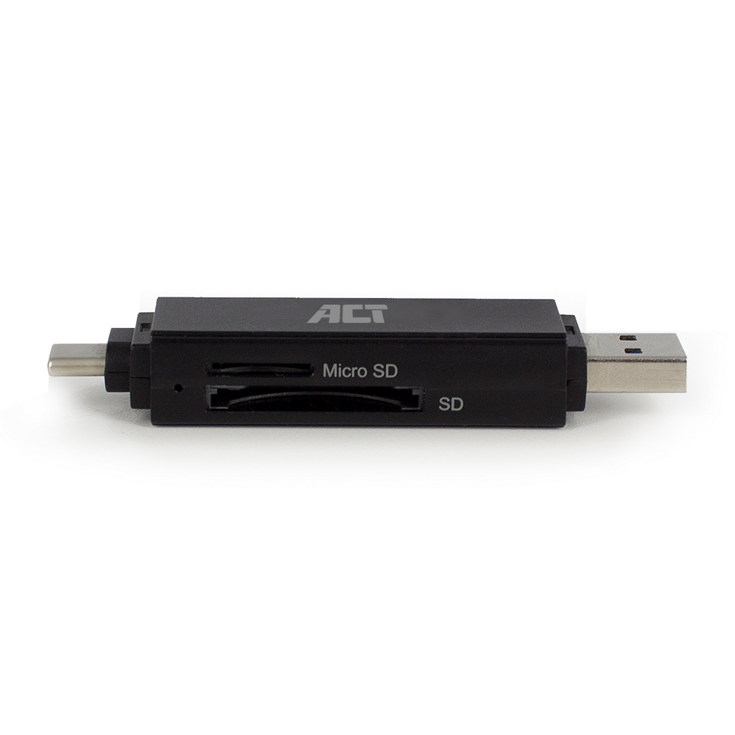 Zwarte, rechthoekige Micro SD-kaartlezer met USB- en SD-poorten.