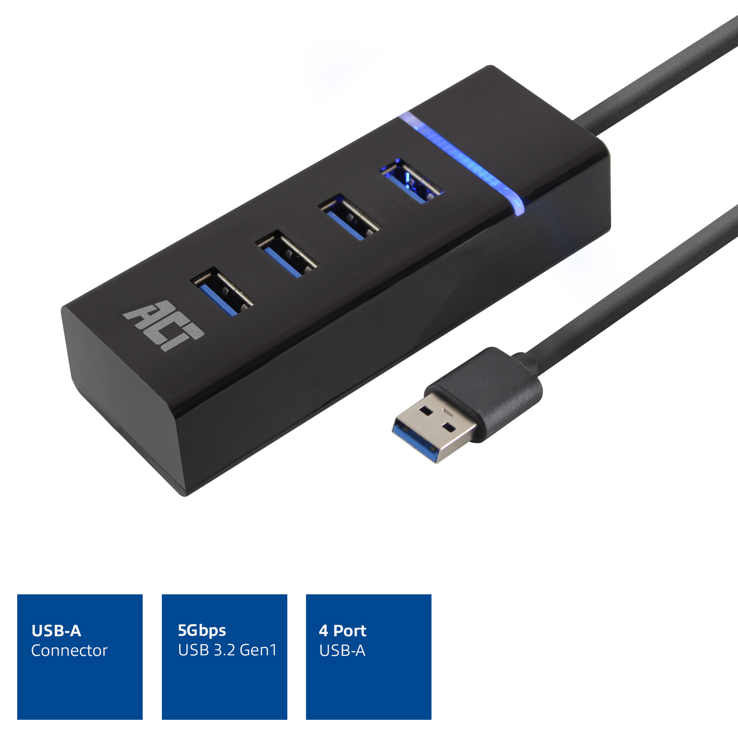 Zwarte USB-hub met 4 USB-poorten en een blauw lampje. Er is een USB-A-kabel aangesloten.