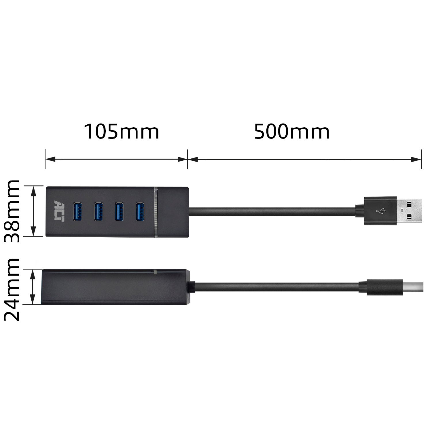 Zwarte USB-hub met 4 poorten en een USB-A en USB-C kabel, afmetingen in mm.