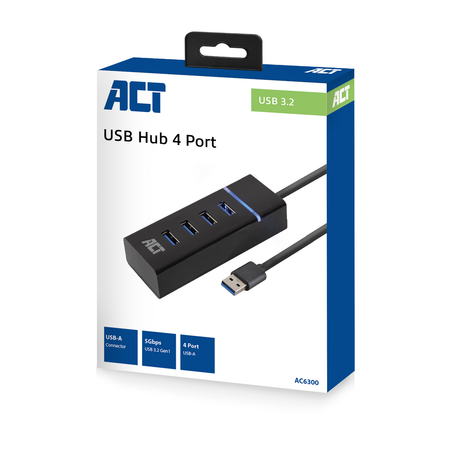 USB-hub in een doos. De doos is wit en blauw met een afbeelding van de hub en tekst.
