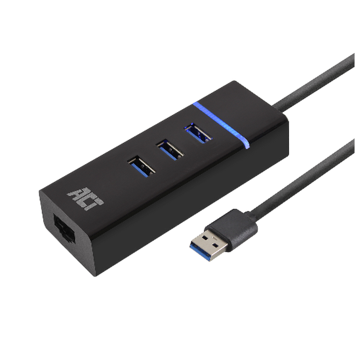 Hub USB nero con tre porte e un cavo USB, sfondo nero.