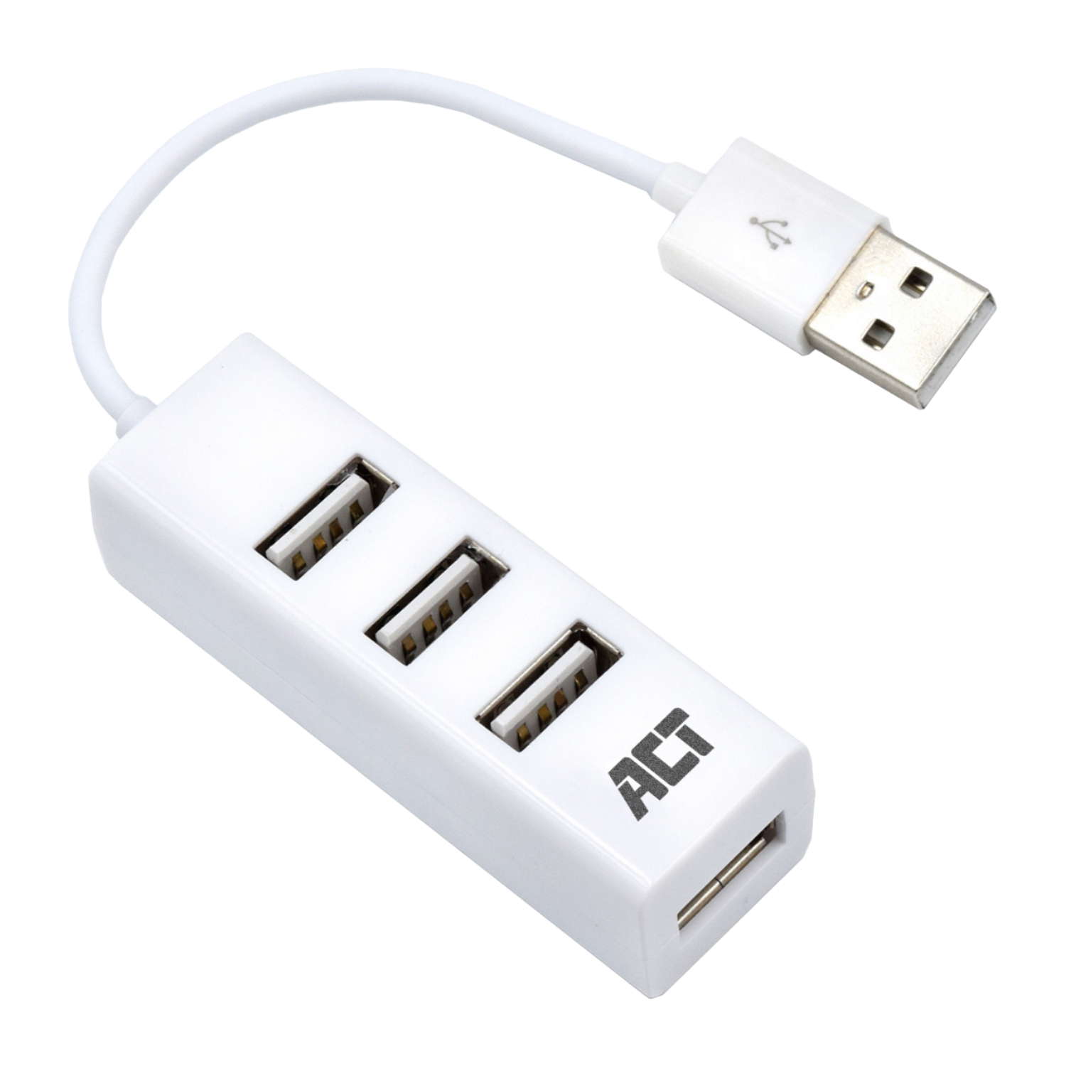 Weißer USB-Hub mit drei Anschlüssen. Es ist mit einem USB-Kabel verbunden und hat das 'ACT'-Logo.