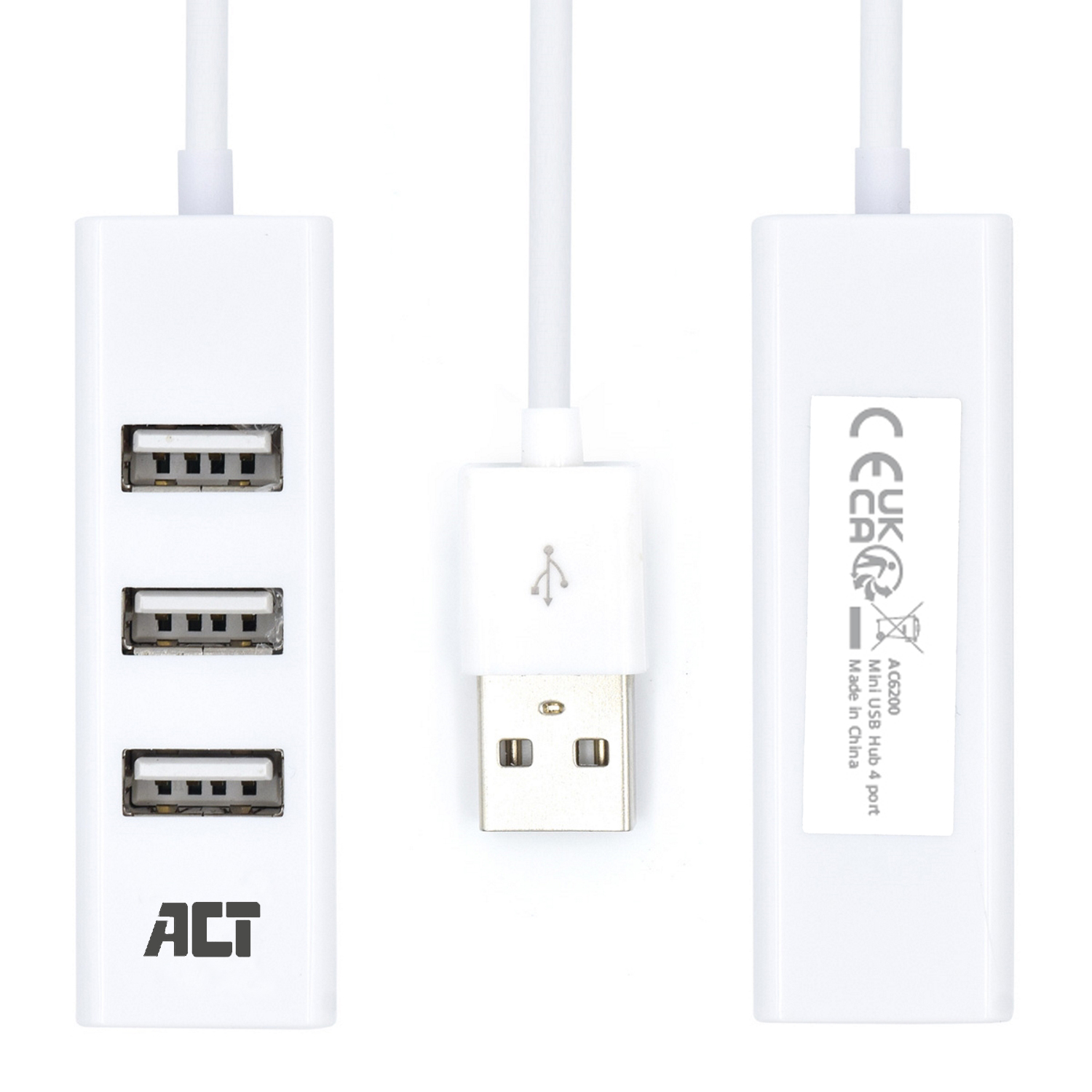 Drei weiße USB-Hubs. Das ACT-Logo und ein CE-Zeichen sind auf den Hubs sichtbar.