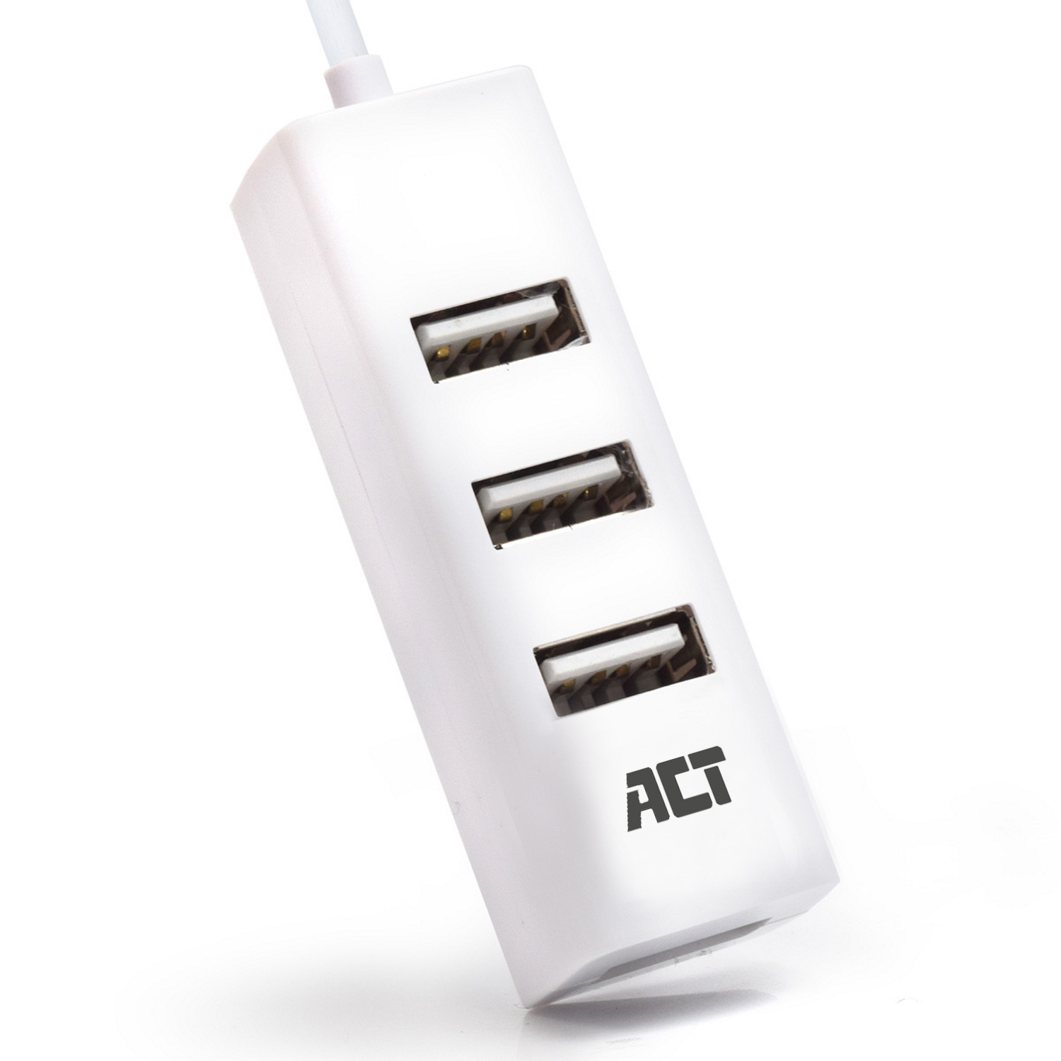 Weißer USB-Hub mit drei USB-Anschlüssen. Das ACT-Logo ist auf dem Gerät aufgedruckt.