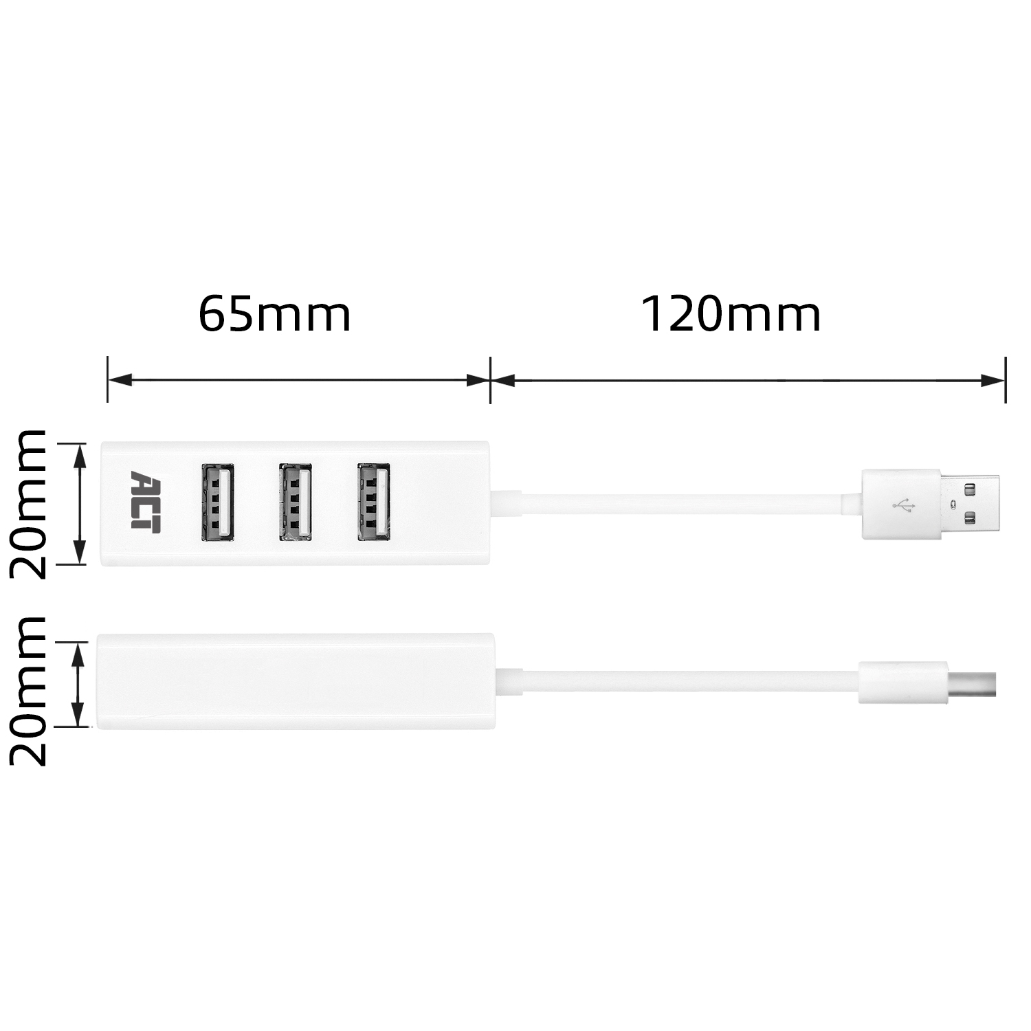 Weißer USB-Hub mit drei Anschlüssen und einem USB-Kabel. Abmessungen sind in mm angegeben.