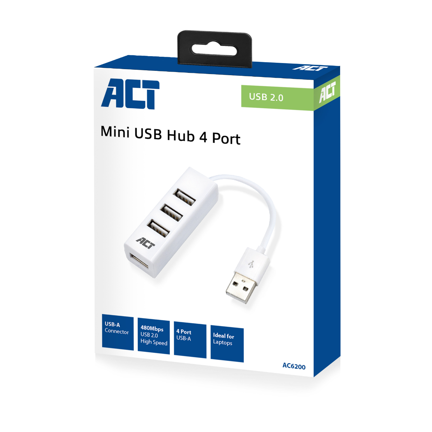 Weißer und blauer ACT USB-Hub in Verpackung. 'Mini USB Hub 4 Port' Text auf der Box.