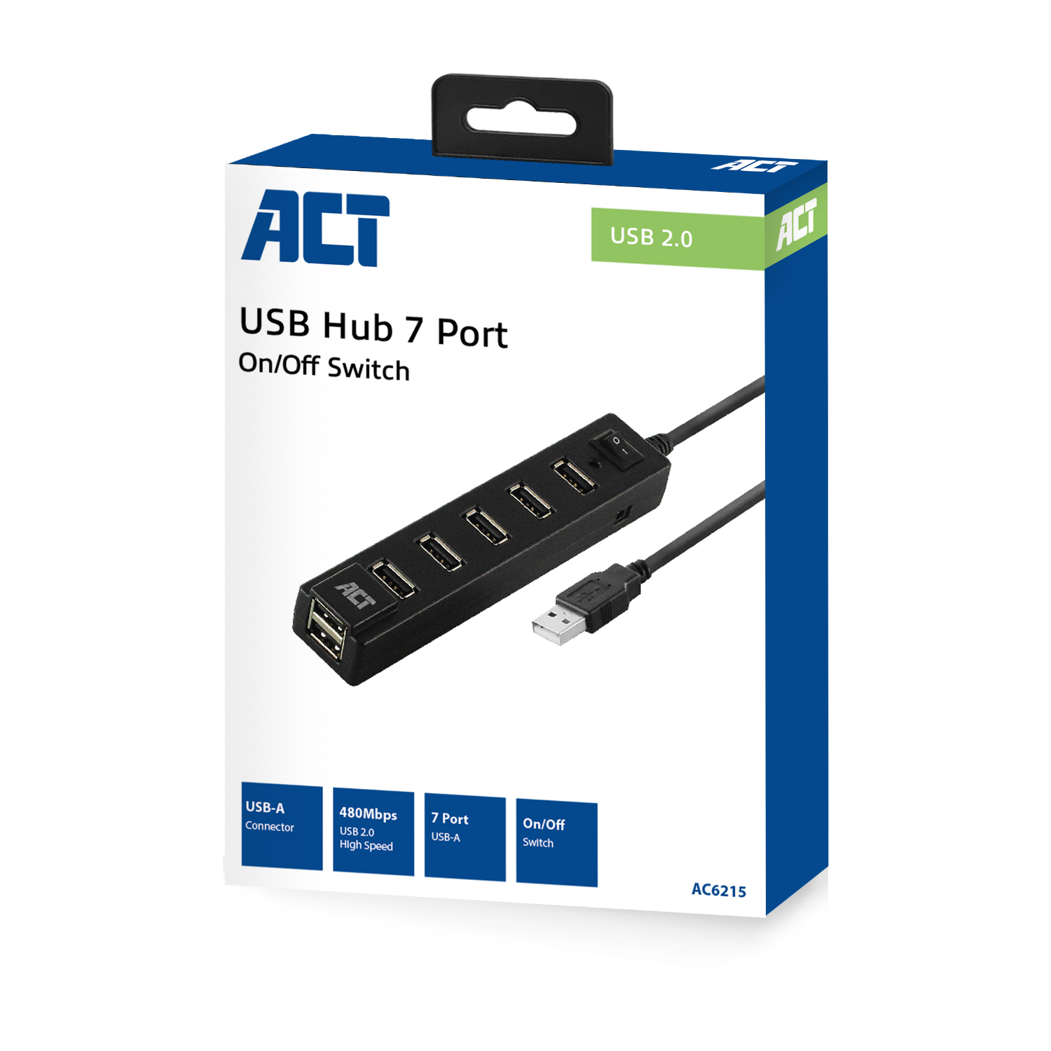 Schwarzer USB-Hub mit 7 Anschlüssen in einer Box. Die Box hat ein schwarz-blaues Farbschema.