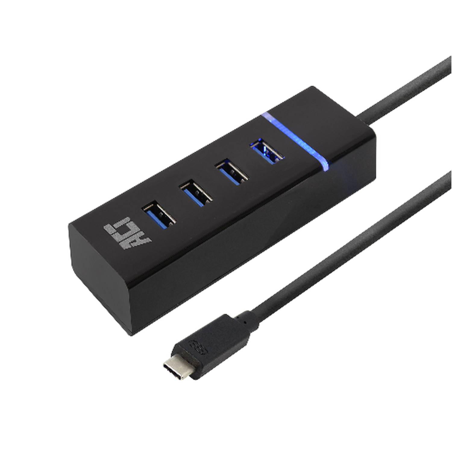 Schwarzer USB-Hub mit vier Anschlüssen und einem USB-C-Kabel auf dunklem Hintergrund.