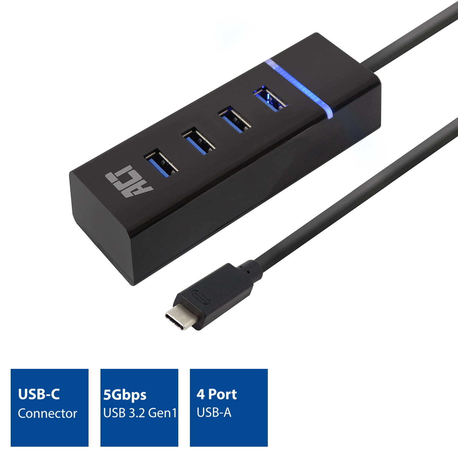 Schwarzer USB-Hub mit 4 Anschlüssen. USB-C-Anschluss. Infografiken unten.