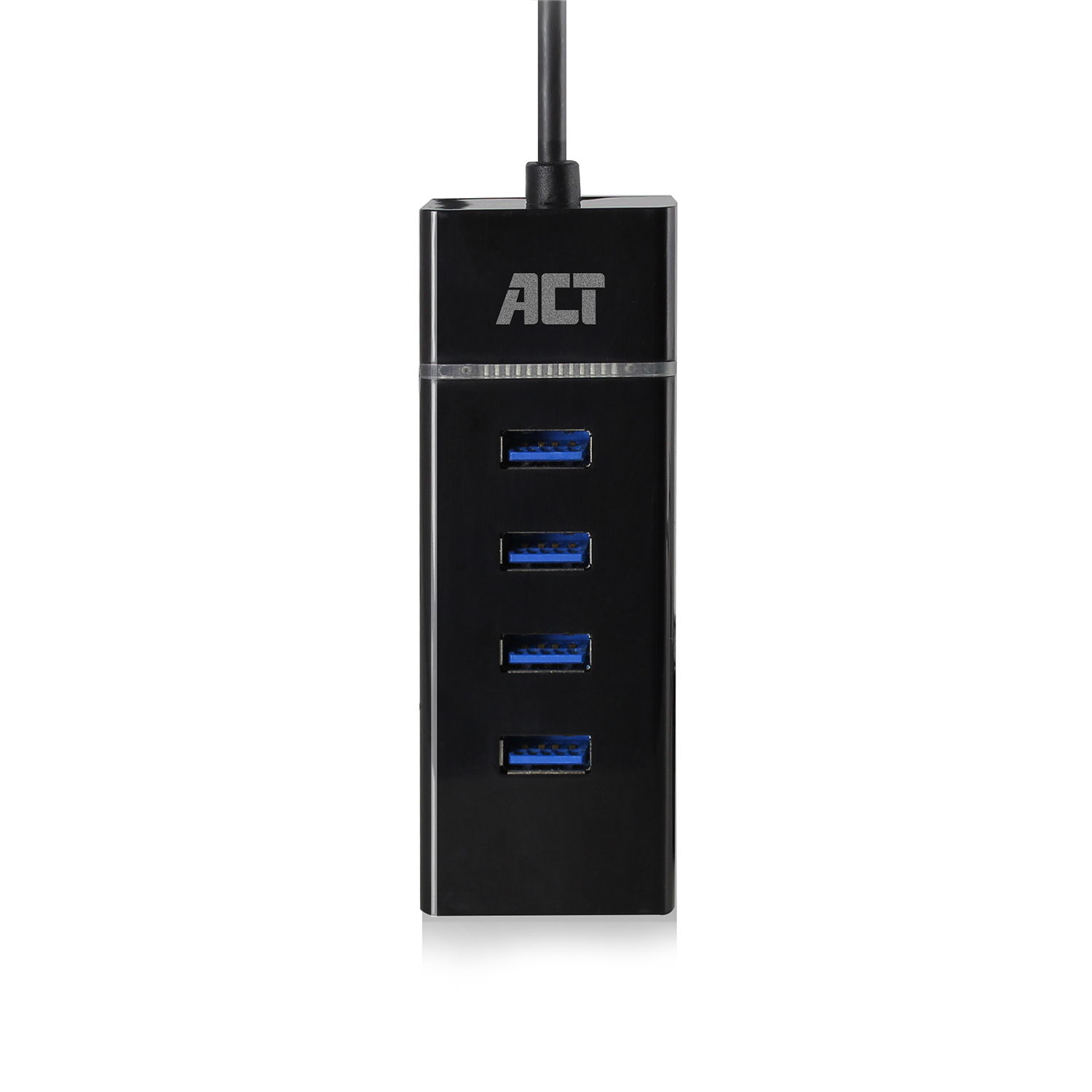 Schwarzer USB-Hub mit vier blauen USB-Anschlüssen, beschriftet mit 'ACT'. Ein schwarzes Kabel geht von oben ab.
