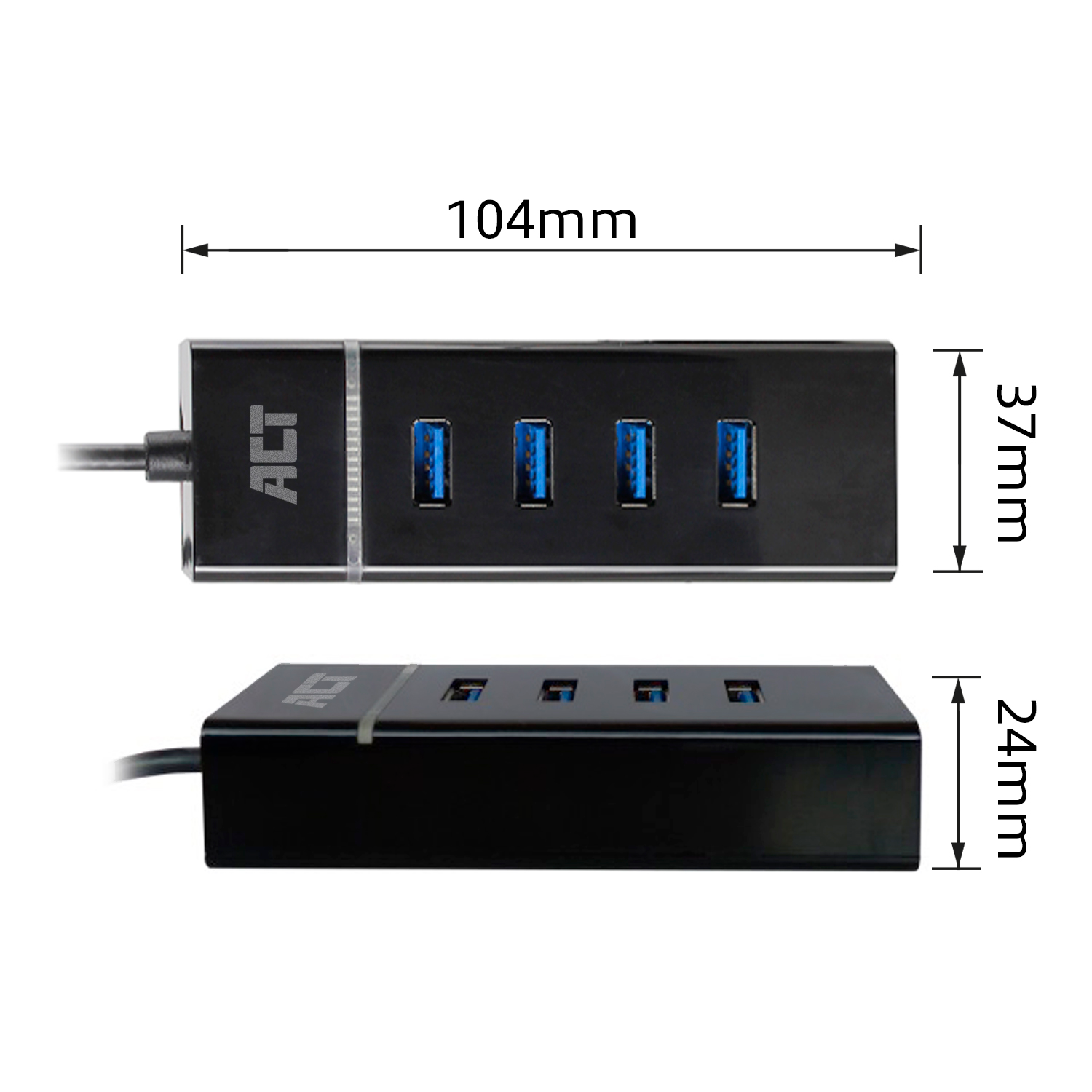 Ein schwarzer USB-Hub mit 4 Anschlüssen, mit beschrifteten Abmessungen. Der Hub ist schwarz und hat blaue USB-Anschlüsse.