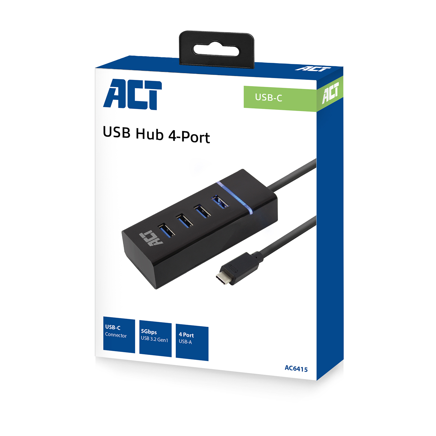 Schachtel eines schwarzen USB-Hubs mit 4 Anschlüssen. USB-C-Anschluss ist abgebildet. Die Schachtel hat Text.
