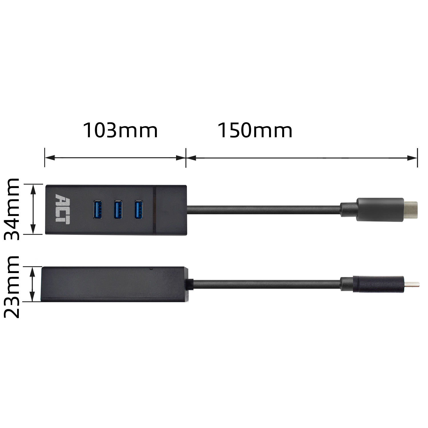Ein schwarzer USB-Hub mit drei Anschlüssen neben einem USB-C-Anschluss mit Maßen.