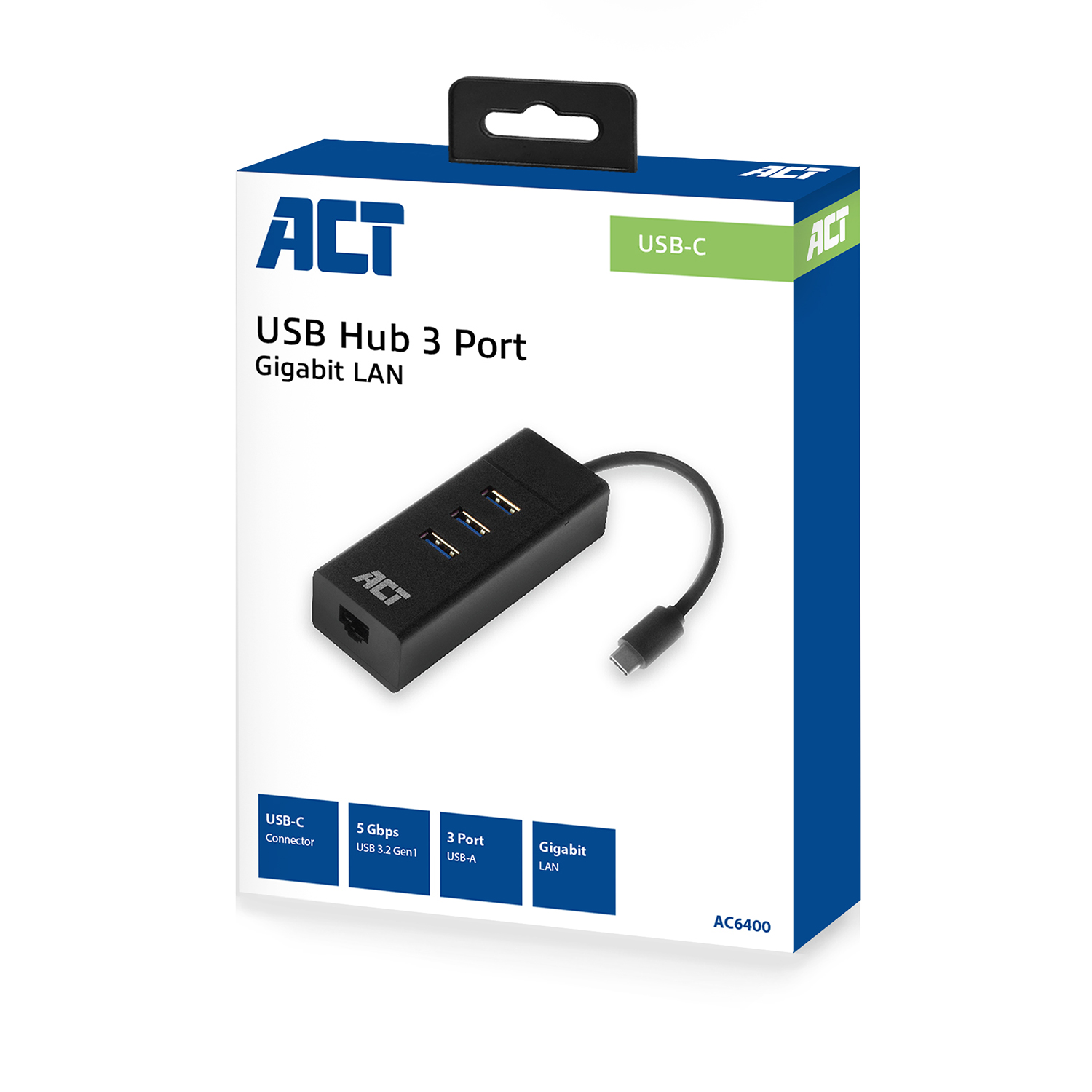 Verpackter schwarzer USB-Hub mit drei Anschlüssen, beschriftet 'ACT'. Mit USB-C-Anschluss und Gigabit-LAN.