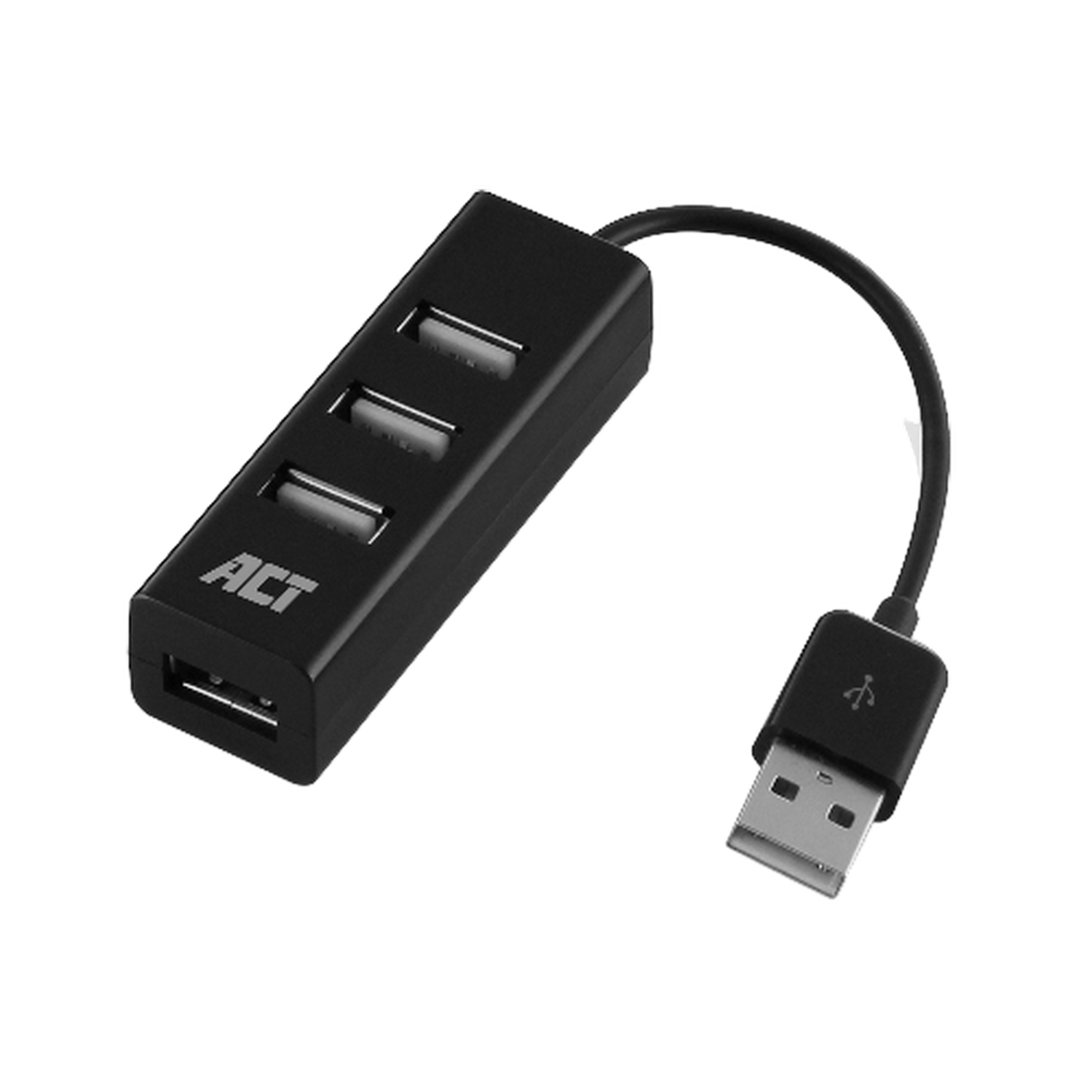 Schwarzer USB-Hub mit drei Anschlüssen und einem USB-Anschluss. Das ACT-Logo ist auf dem Gerät.