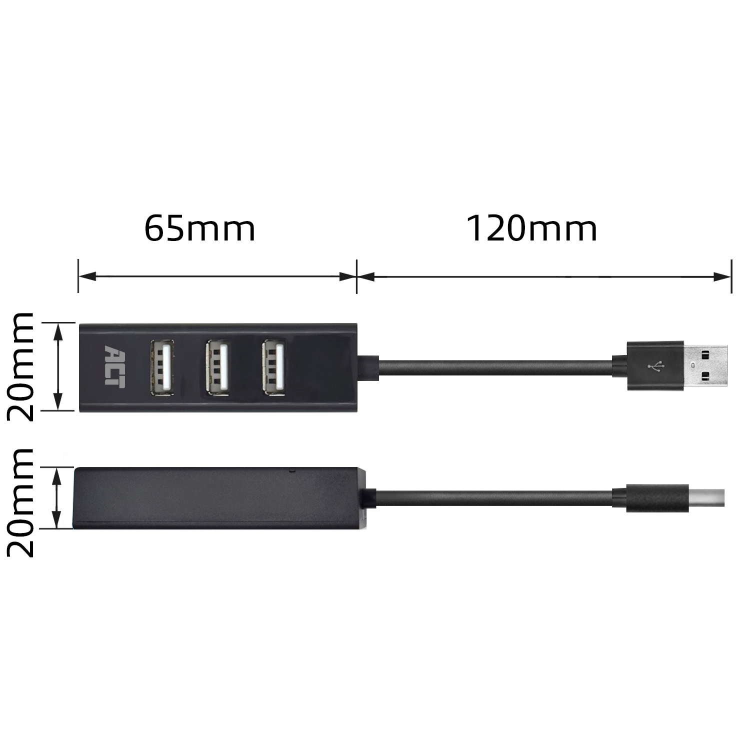 Draufsicht und Seitenansicht eines schwarzen USB-Hubs mit weißem Kabel, Abmessungen sind angegeben.