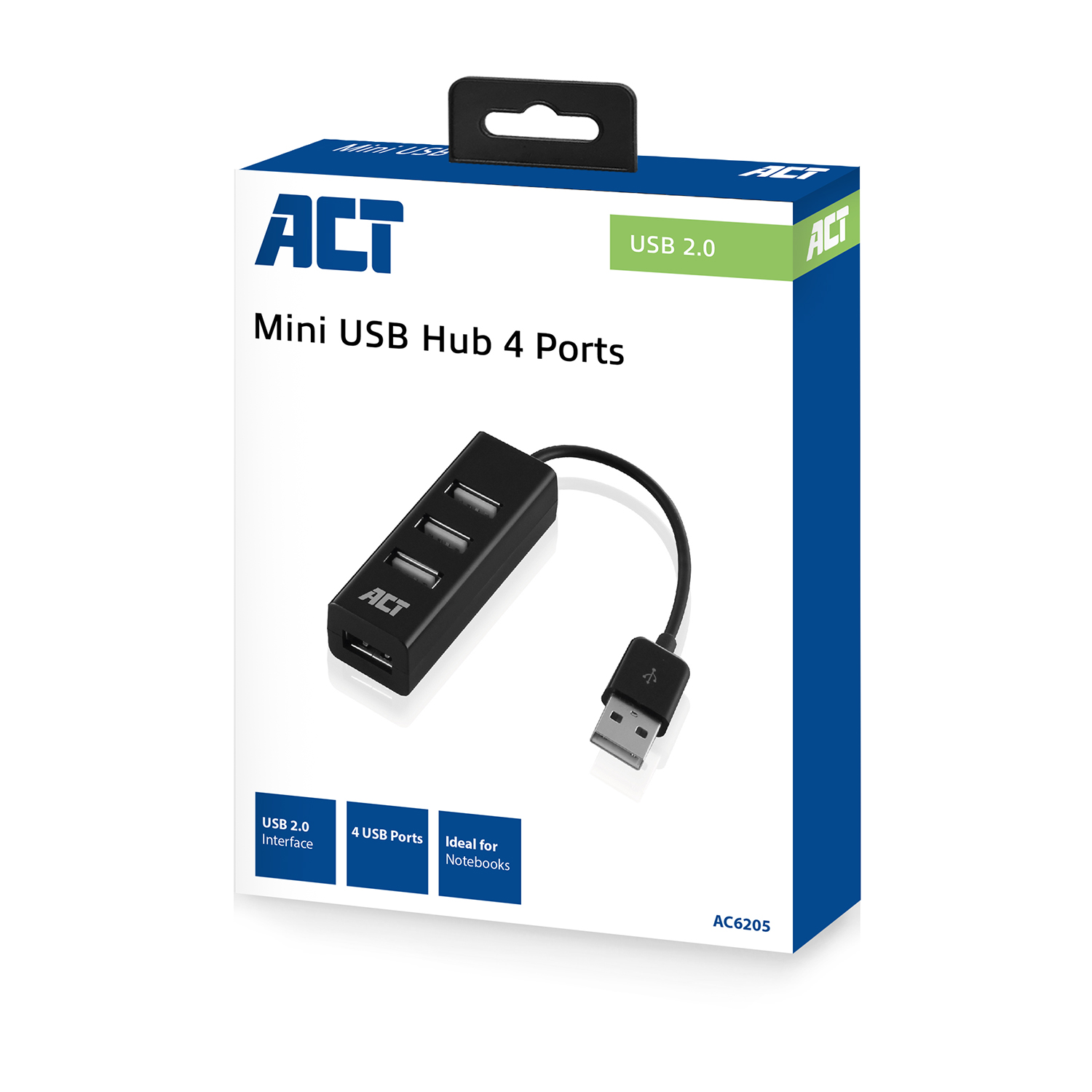 Verpackter schwarzer Mini-USB-Hub mit vier Anschlüssen und einer USB 2.0-Schnittstelle.