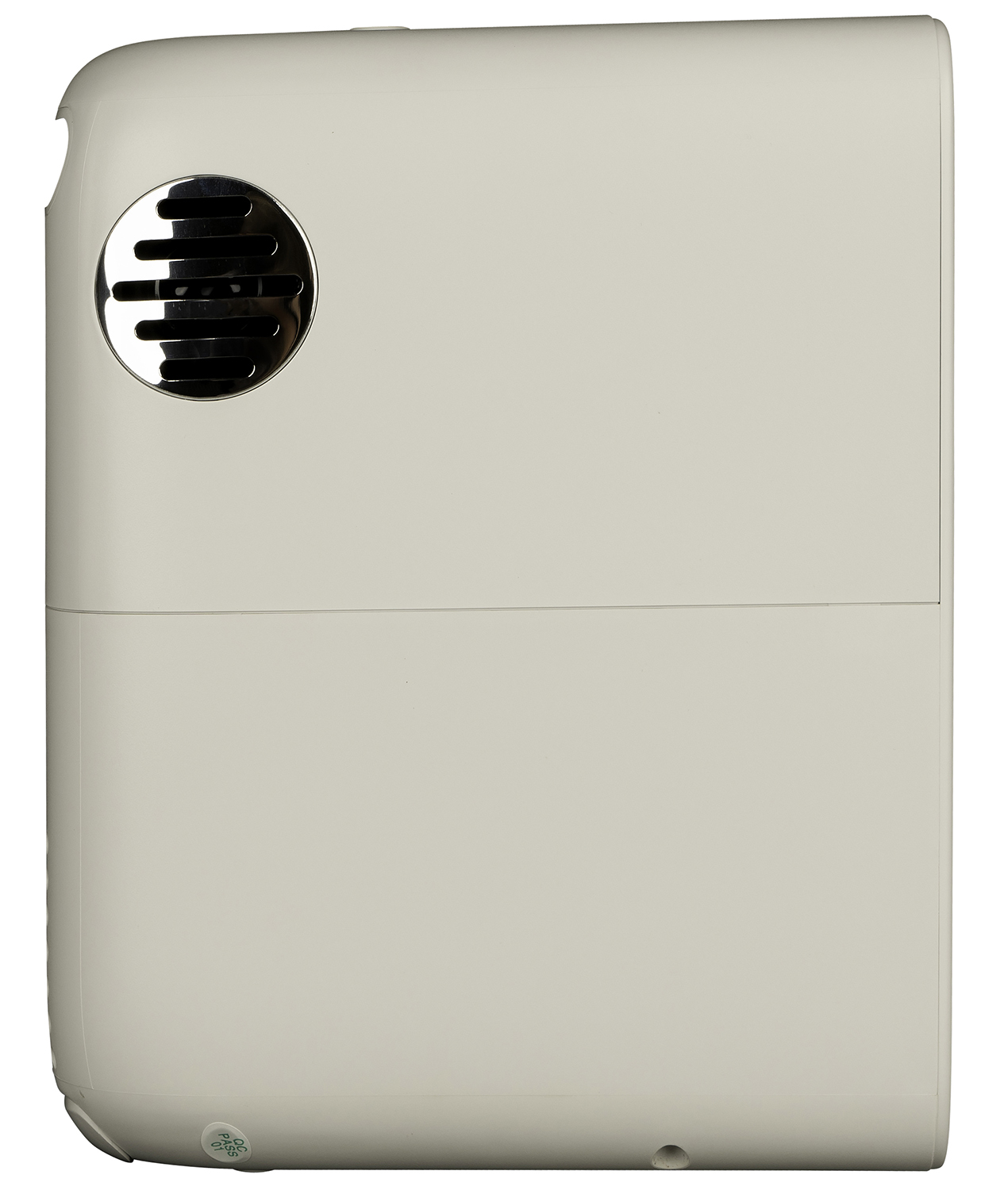 Projecteur portable blanc avec évent arrondi. Le côté de l'appareil est montré.