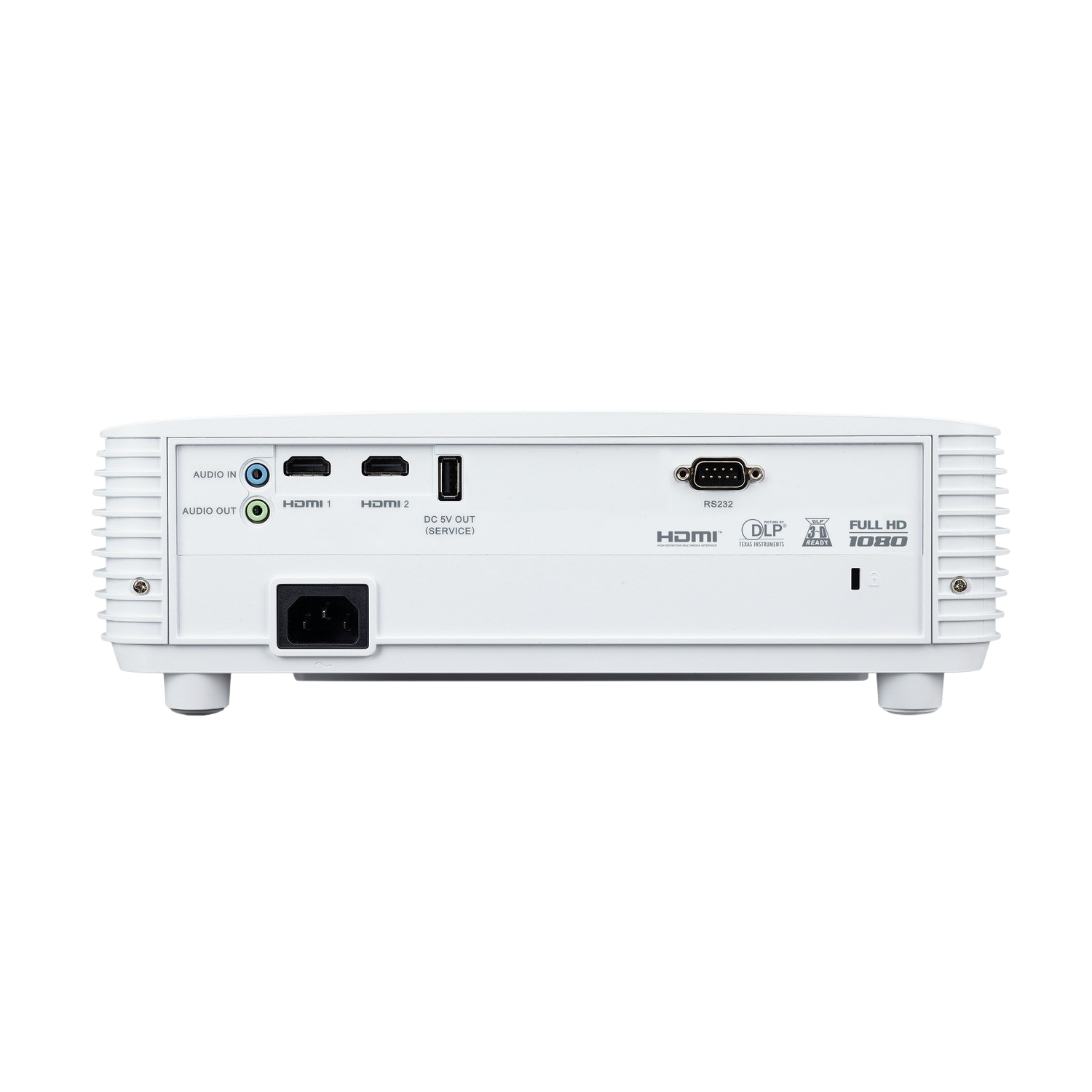 Proiettore bianco con varie porte sul retro. Include audio, HDMI, alimentazione e RS232.