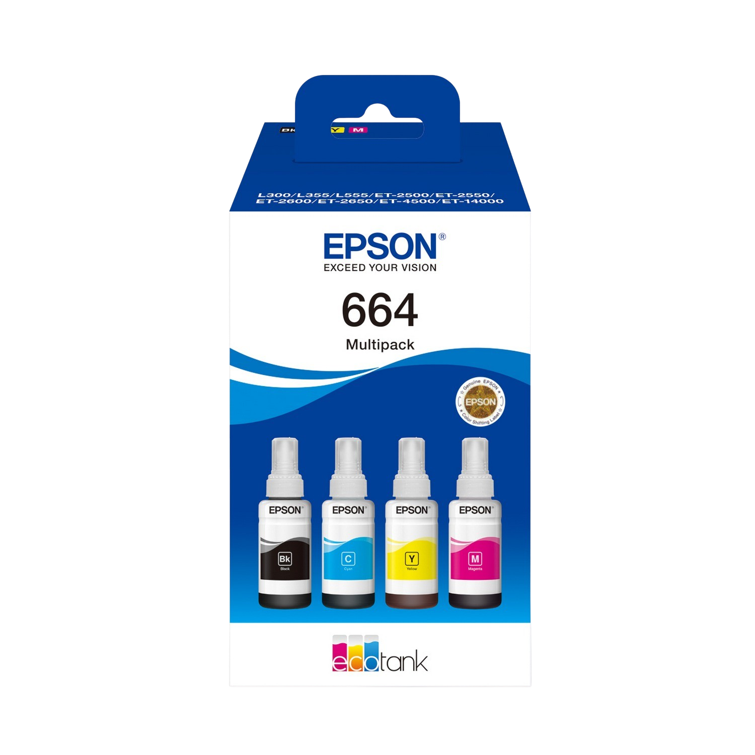 Cartuchos de tinta Epson: Negro, Cian, Amarillo, Magenta. En una caja multipack.