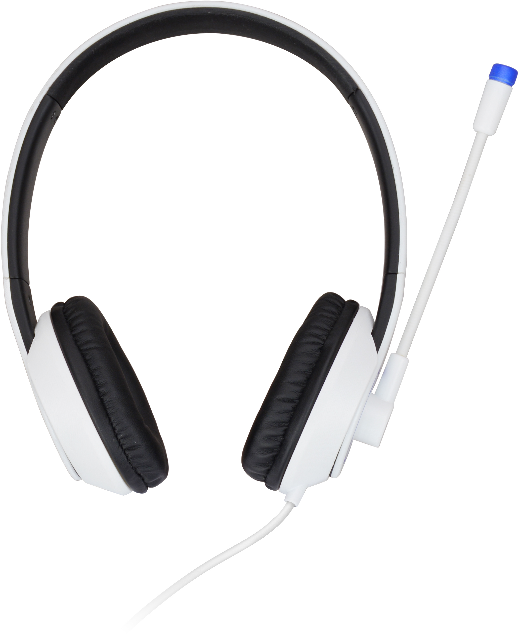 Weiße Kopfhörer mit schwarzen Ohrmuscheln und einem Mikrofon. Weißes Kabel. Weißer Hintergrund.