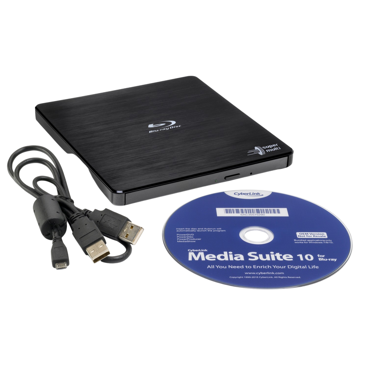 Una unidad de disco Blu-ray negra con un disco y cables. El disco tiene una etiqueta.