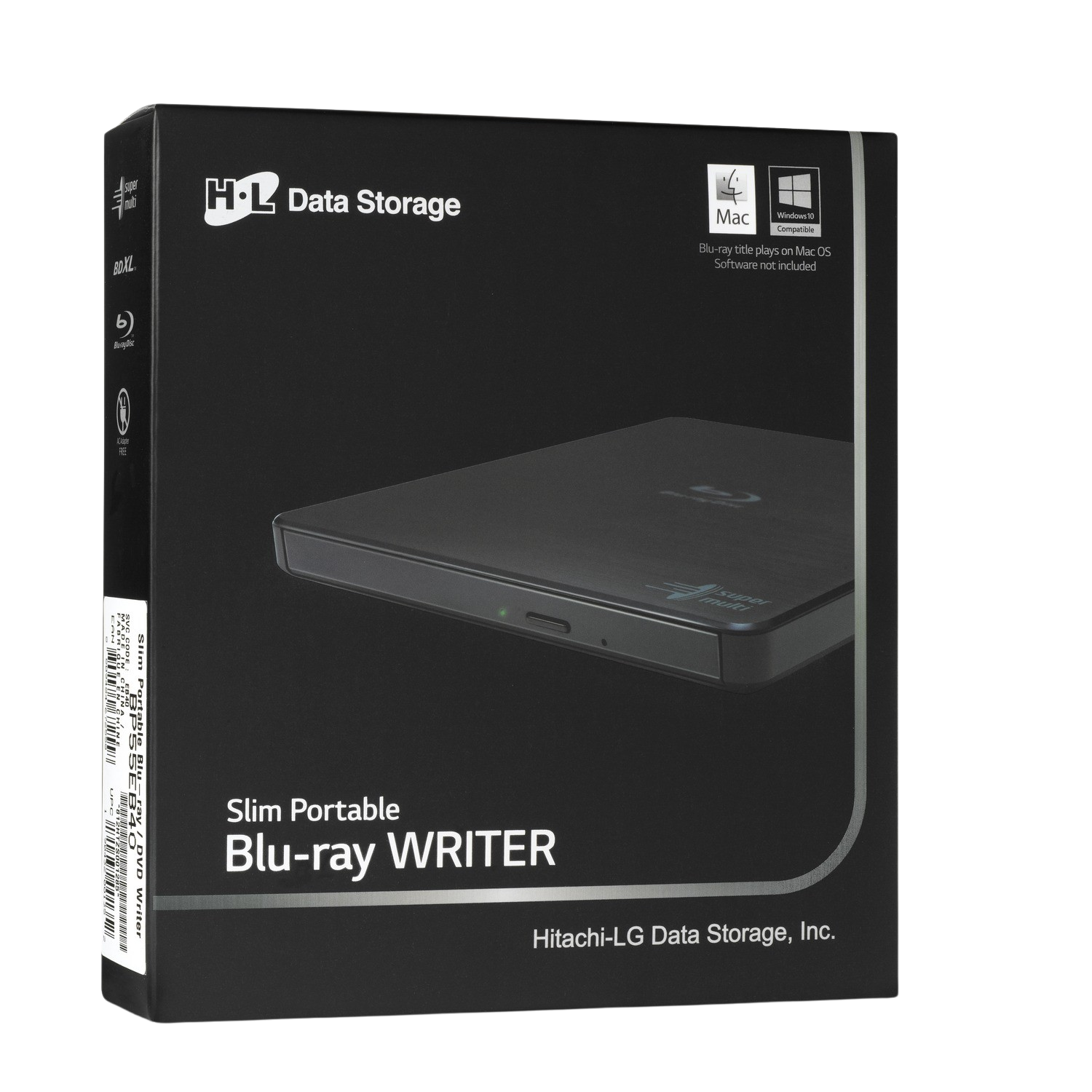 Caja negra con un grabador de Blu-ray portátil delgado. La caja tiene una etiqueta en el lateral.