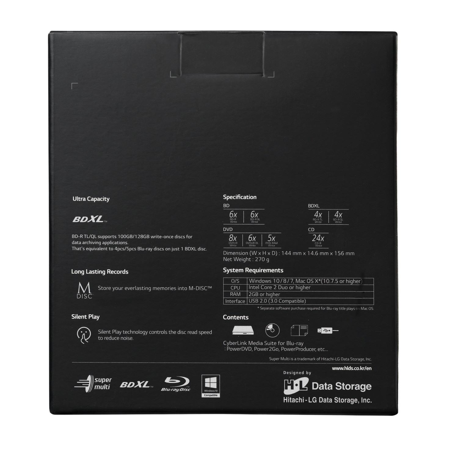 Parte trasera de una caja de disco Blu-ray negra. Contiene información sobre capacidad, especificaciones y requisitos del sistema.