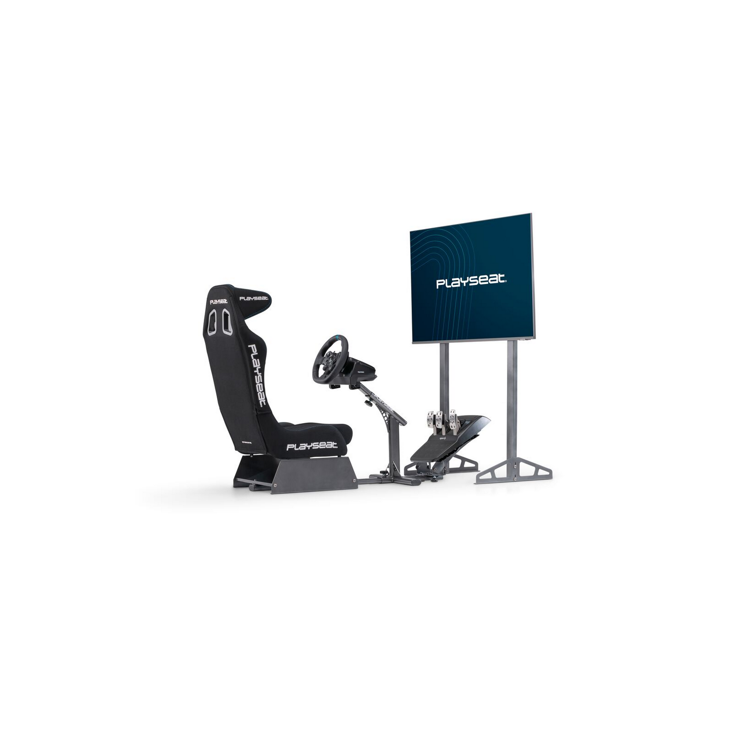 Konfiguracja symulatora wyścigów z fotelem, kierownicą, pedałami i ekranem 'Playseat'.