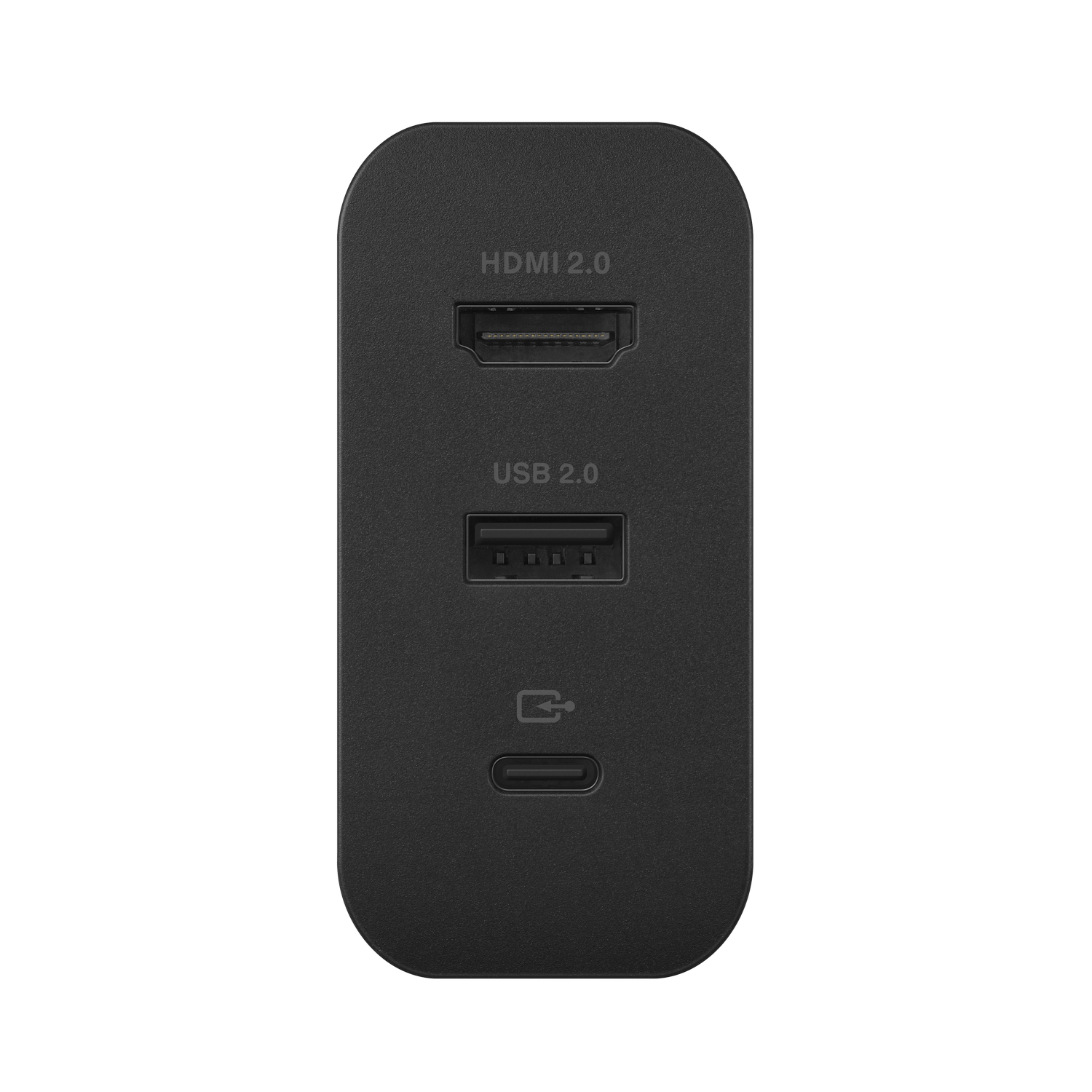 Ein schwarzes Gerät mit HDMI 2.0 und USB 2.0 Anschlüssen. Es hat einen USB-C-Anschluss und einen schwarzen Hintergrund.