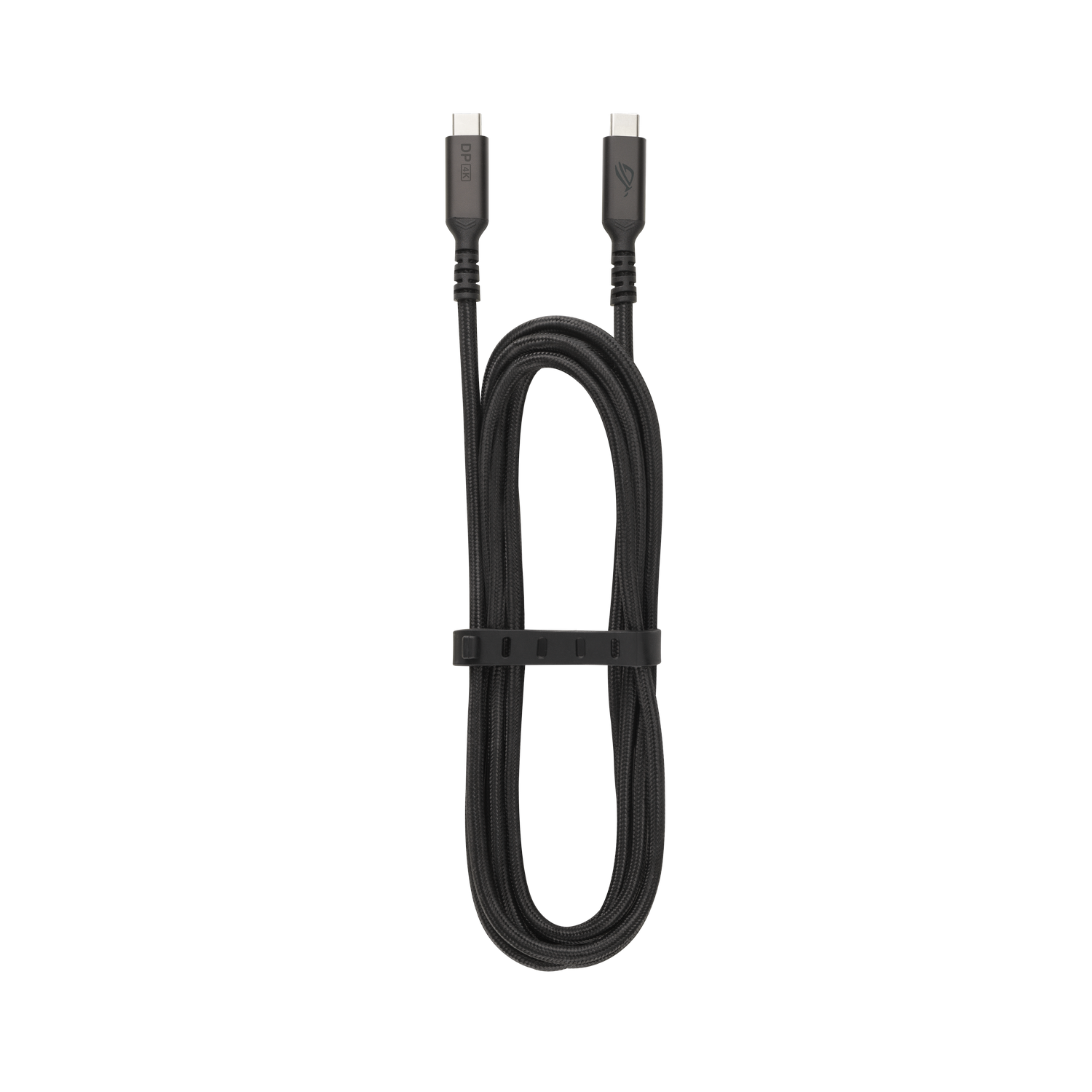Ein schwarzes USB-C-Kabel mit einem schwarzen Riemen, um es aufgerollt zu halten.