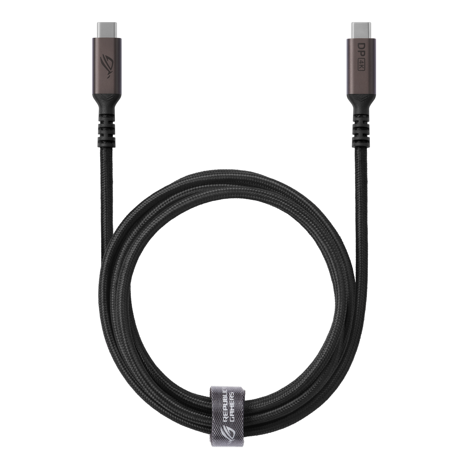 Schwarzes Kabel mit USB-C-Anschlüssen an jedem Ende, ROG-Logo auf einem Etikett in der Mitte. Schwarzer Hintergrund.