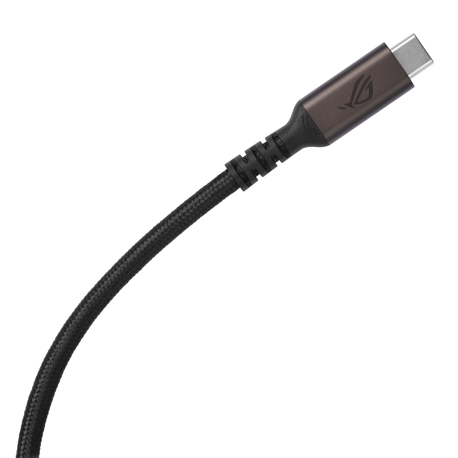 Nahaufnahme eines schwarzen USB-C-Kabels mit ROG-Logo auf dunklem Hintergrund.