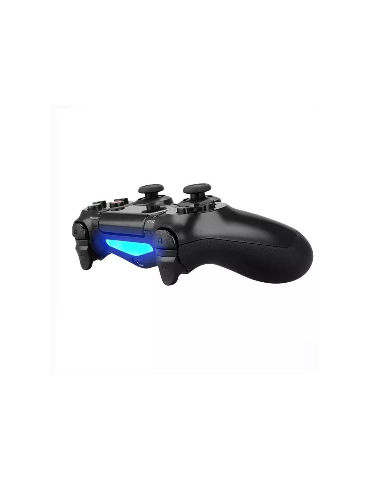 Mando negro de Playstation con luz azul, aislado sobre fondo blanco.
