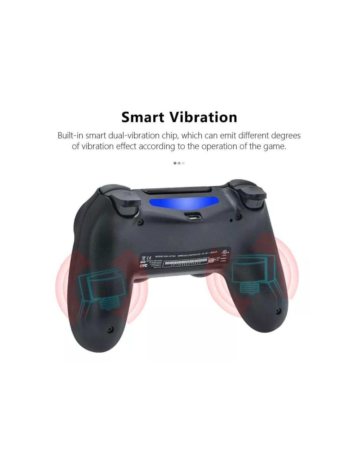 Controlador de juegos negro con luces y vibración inteligente.