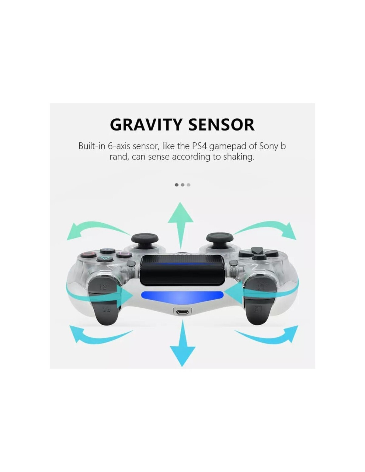 Mando de juegos con texto sobre sensor de gravedad y flechas, fondo blanco.