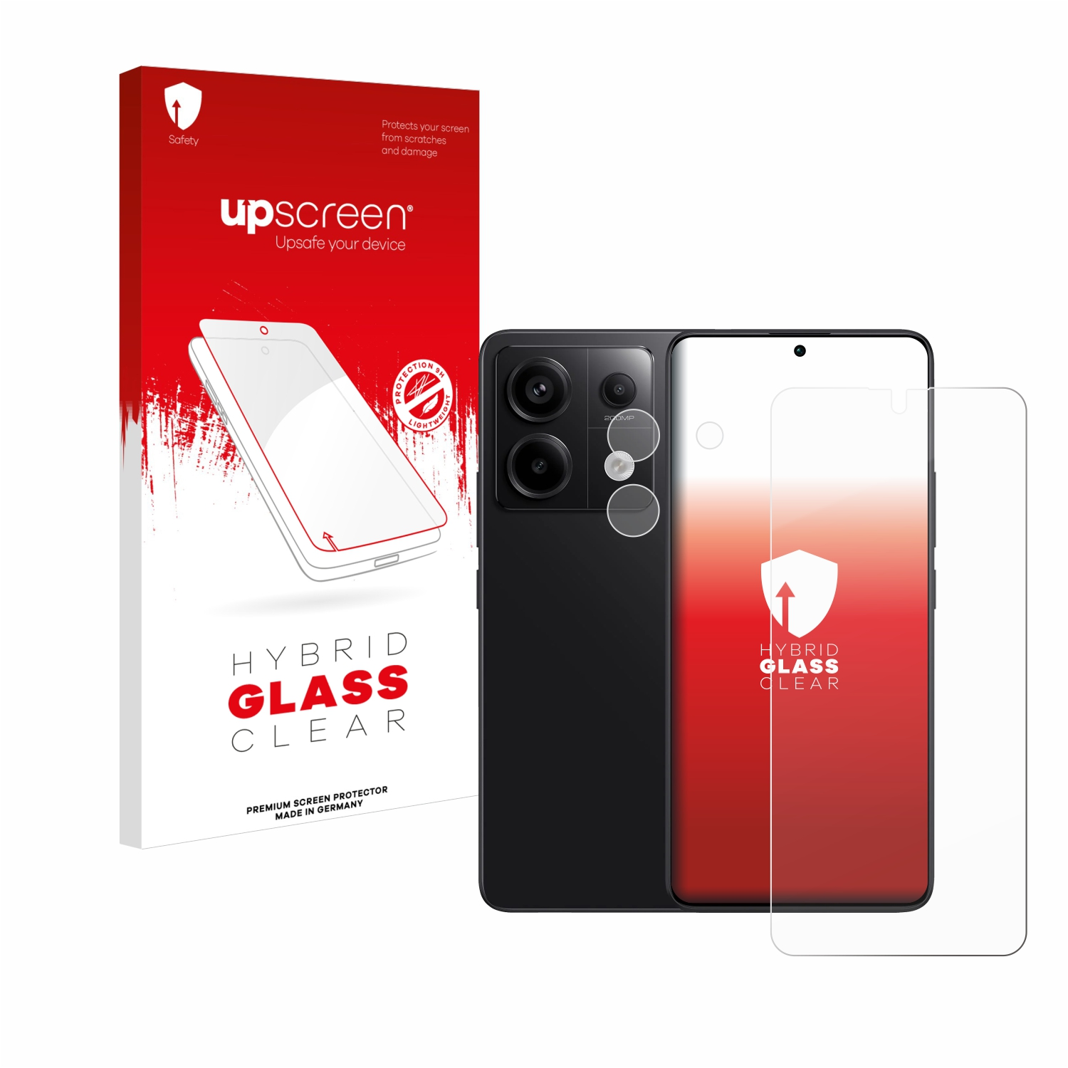 Telefon mit Displayschutz, Verpackung mit klarem Hybridglas-Displayschutz.