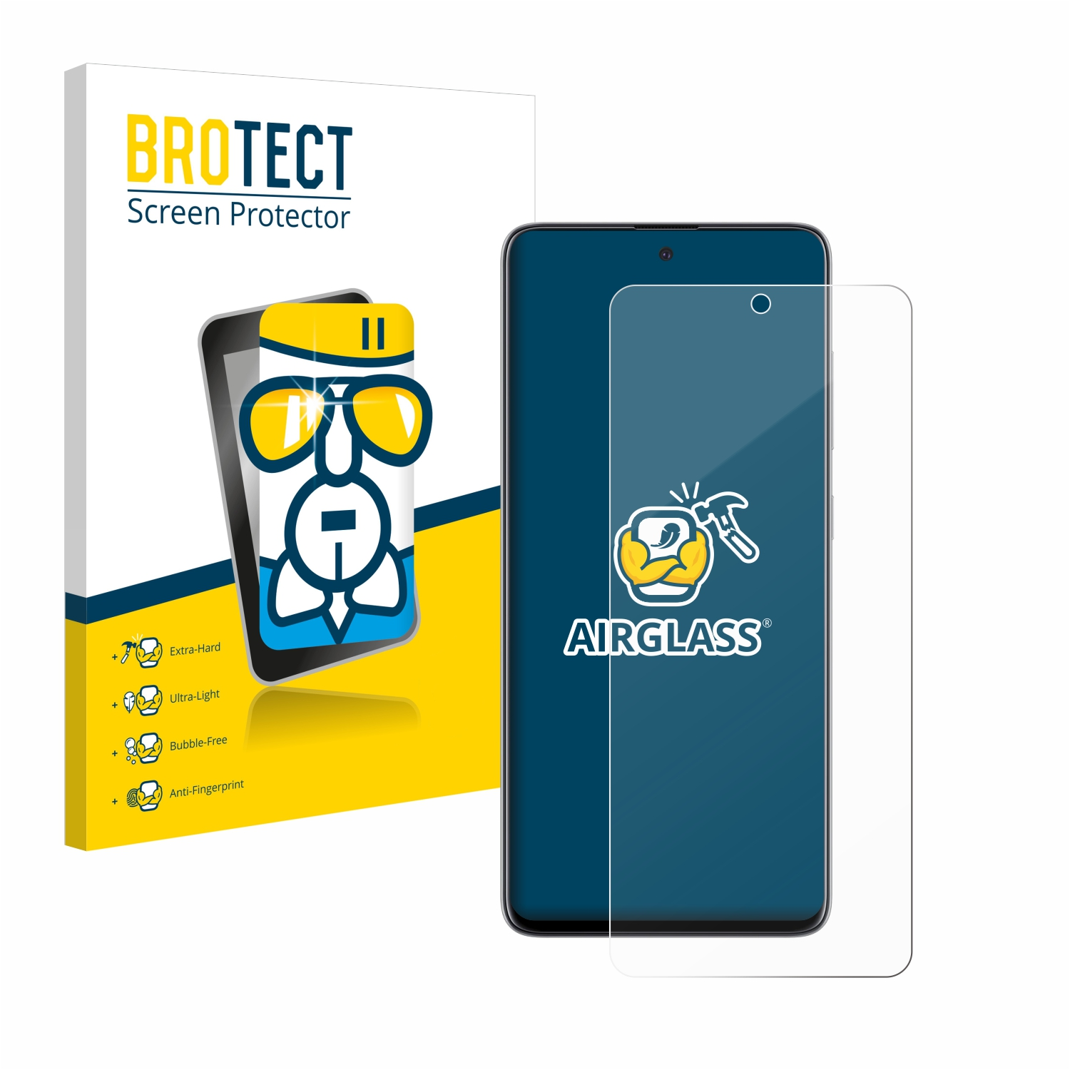 Handy-Displayschutzfolienpackung mit Telefon. Klare Displayschutzfolie ist auf dem Telefon angebracht.