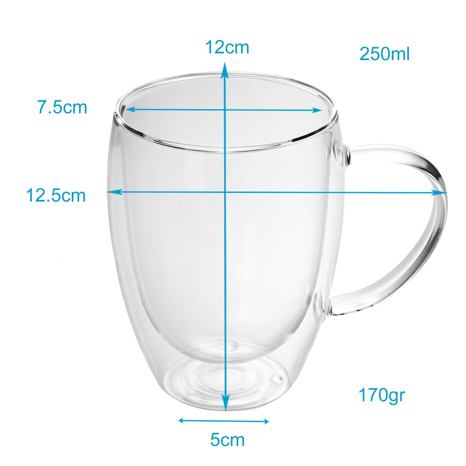 Transparenter Glasbecher mit Maßen: 12cm Höhe, 7,5cm Breite. 250ml Fassungsvermögen.