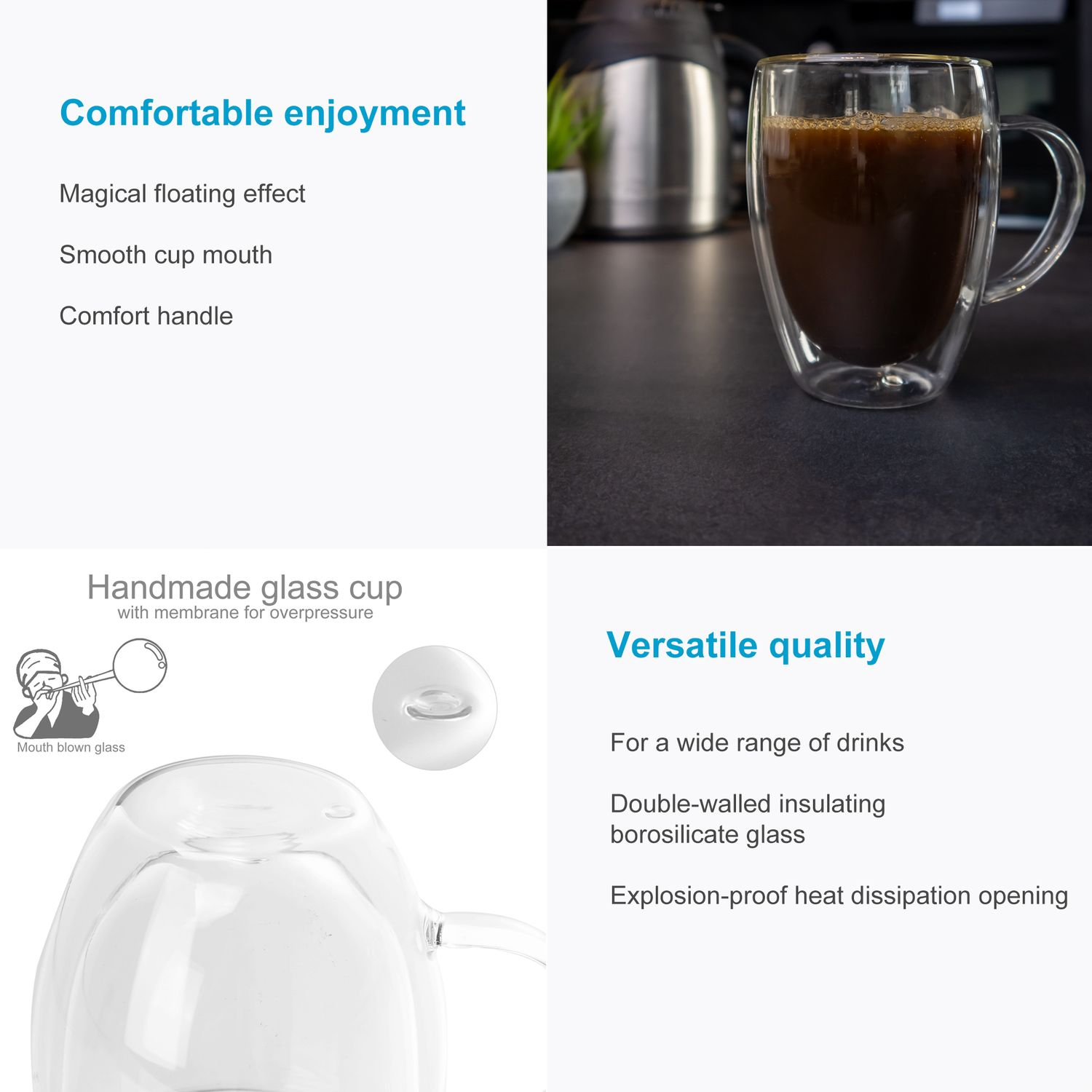 Doppelwandiger Glasbecher mit Kaffee, Text und ein Diagramm sind ebenfalls enthalten.