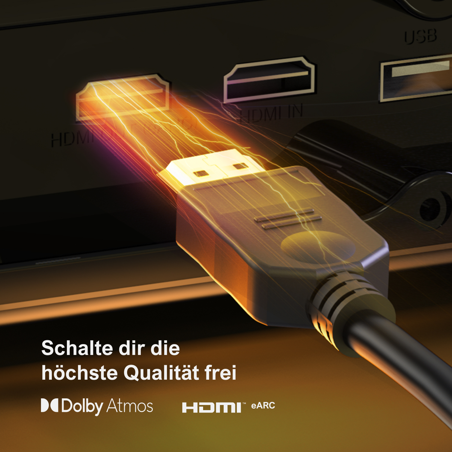 Schwarzes HDMI-Kabel mit Gerät verbunden. Das Kabel emittiert hellgelbes Licht. Text: HDMI, Dolby Atmos und HDMI eARC.