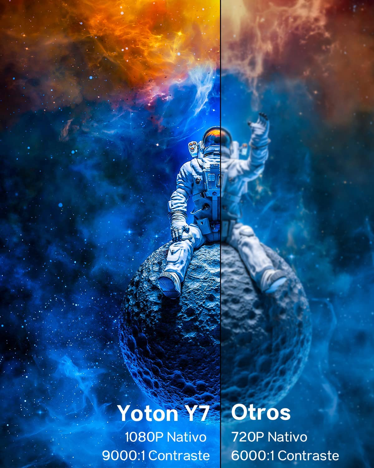 Astronaut auf einem Planeten im Weltraum. Text zeigt Vergleich von 1080p und 720p Auflösung.