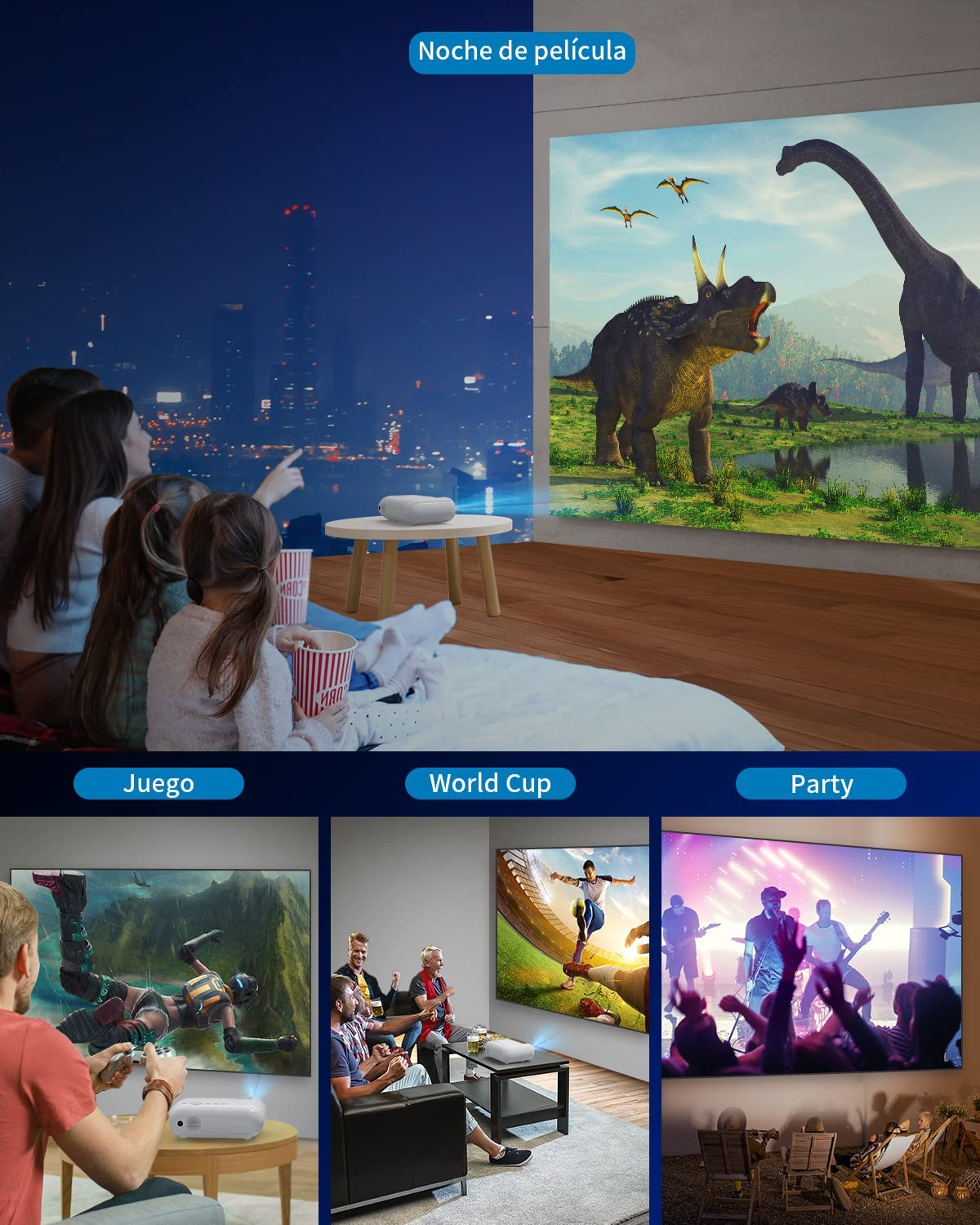 Projektor zeigt Film-, Spiel-, Weltcup- und Party-Szenen auf einer Leinwand in verschiedenen Umgebungen.