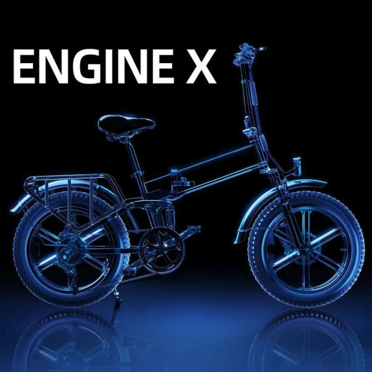 Una bici elettrica Engine X, delineata con luce blu su sfondo scuro. La parola ENGINE X è visibile.