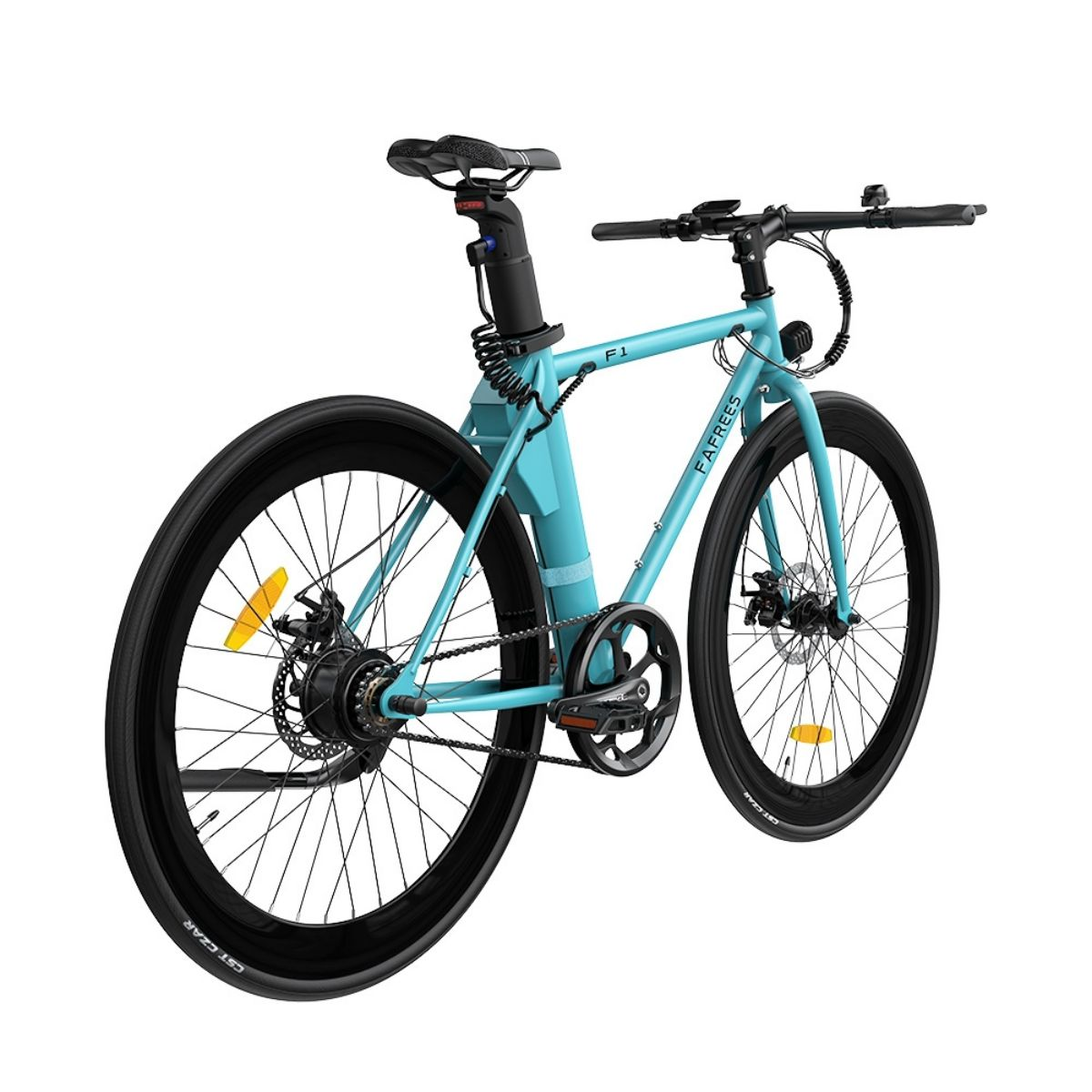 Bicicletta elettrica blu su sfondo bianco, vista laterale. Pneumatici e sella neri. Marchio FAFREES.