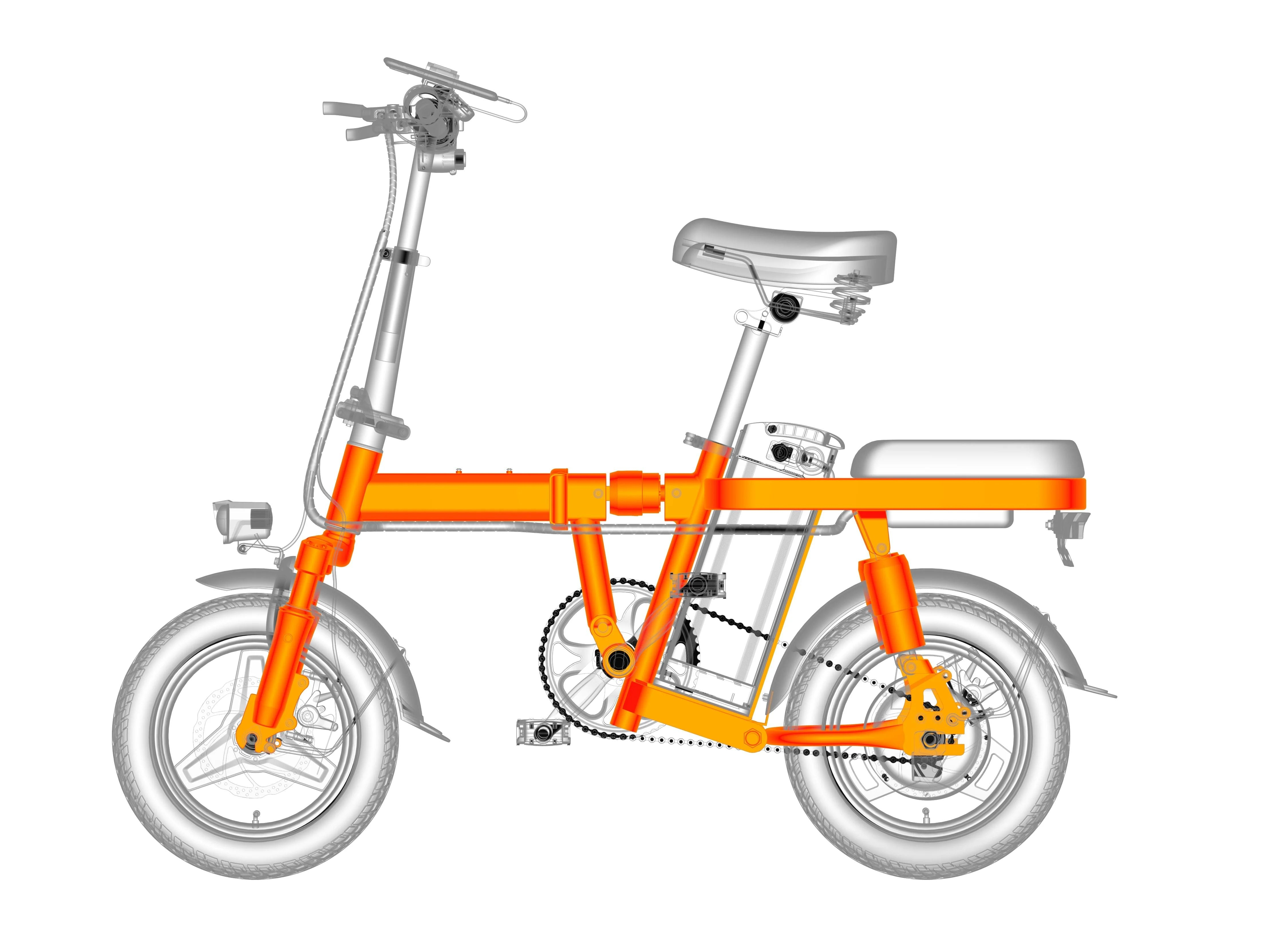 Uno schema di una bicicletta elettrica pieghevole arancione e argento su sfondo bianco.