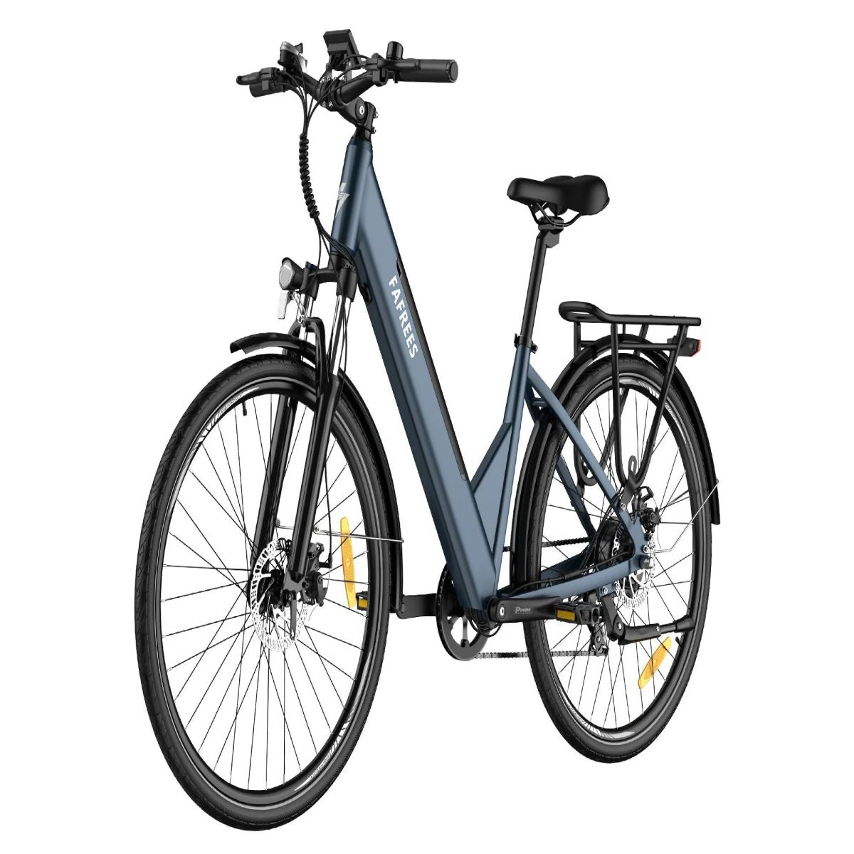 Blaues Elektrofahrrad mit schwarzen Reifen und Schutzblechen, weißer Hintergrund. Markenname: FAFREES.
