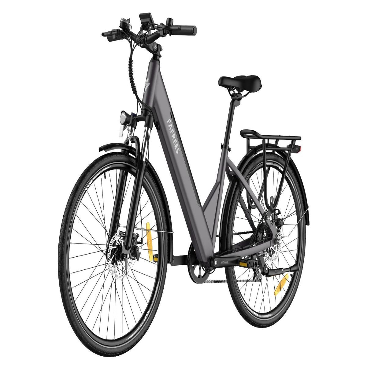 Elektrofahrrad: grauer Rahmen, schwarze Reifen und Komponenten. Weißer Hintergrund.