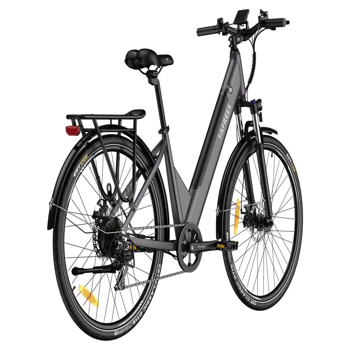Ein Elektrofahrrad, grauer Rahmen, schwarze Reifen, auf weißem Hintergrund.